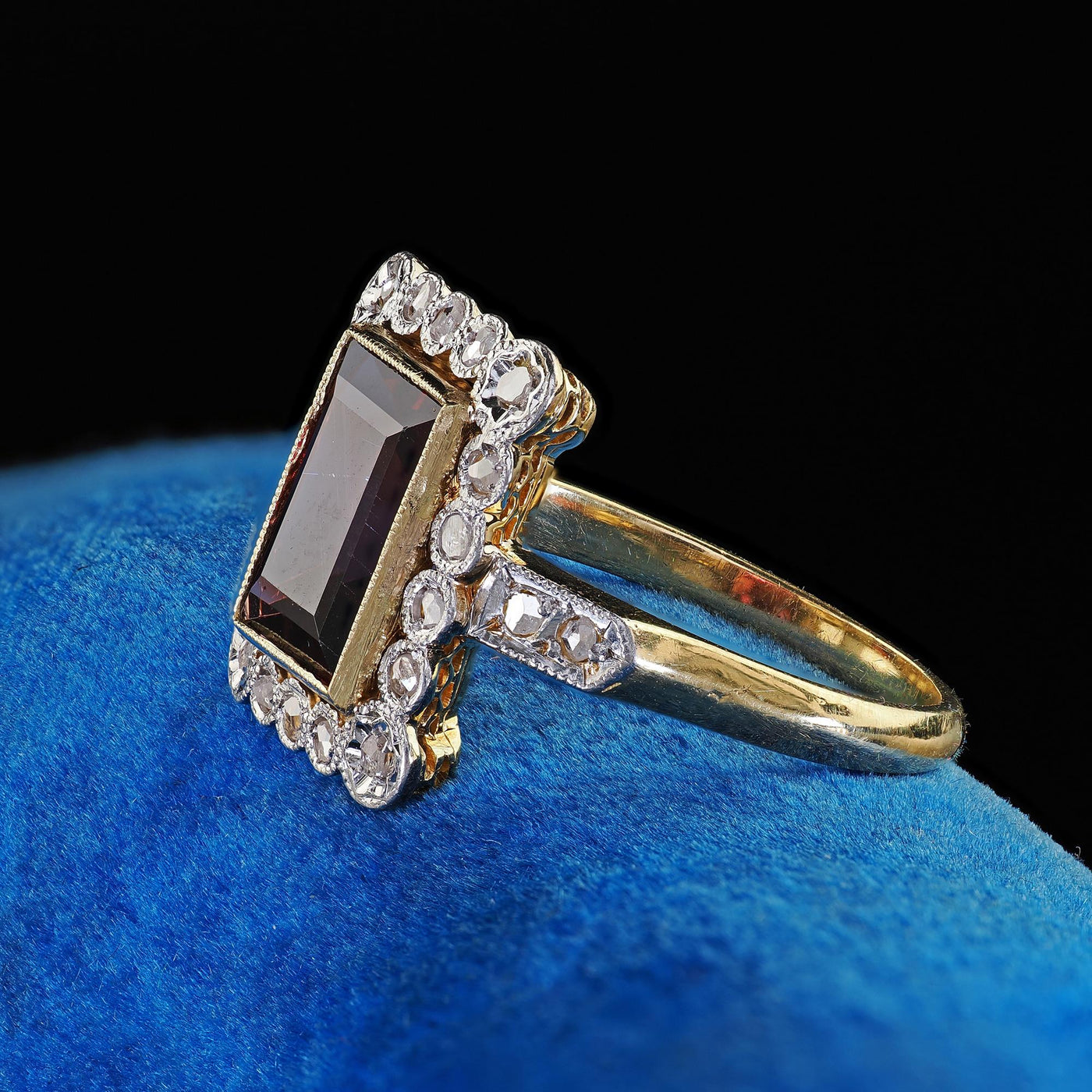 Antique French Edwardian 18K Yellow Gold Rose Cut Diamond Garnet Engagement Ring
