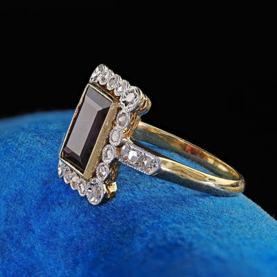 Antique French Edwardian 18K Yellow Gold Rose Cut Diamond Garnet Engagement Ring