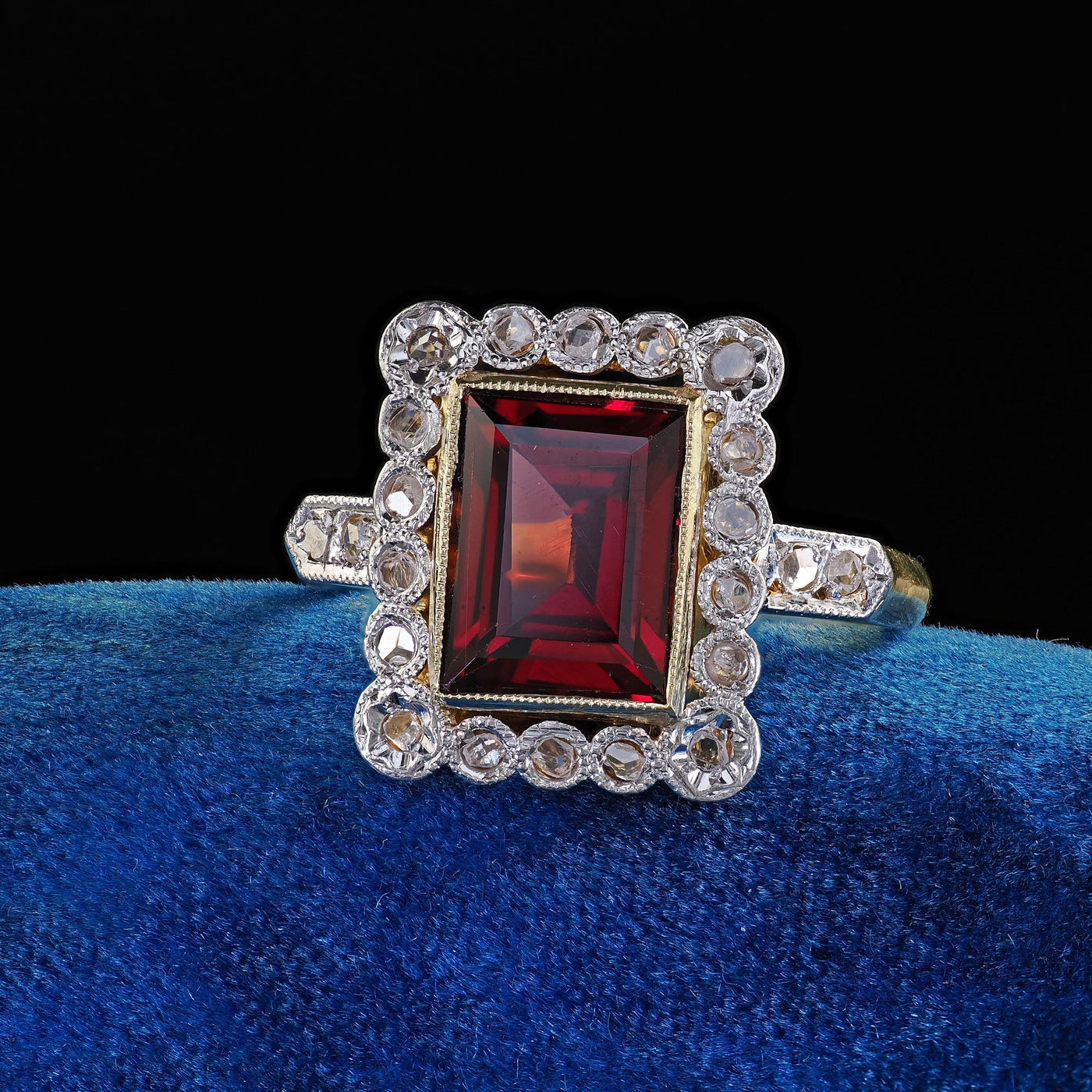 Antique French Edwardian 18K Yellow Gold Rose Cut Diamond Garnet Engagement Ring