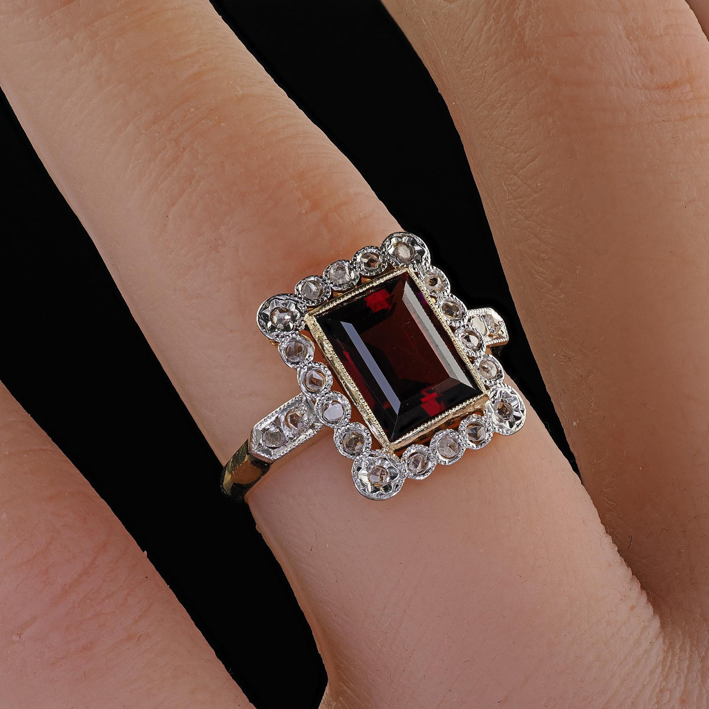 Antique French Edwardian 18K Yellow Gold Rose Cut Diamond Garnet Engagement Ring
