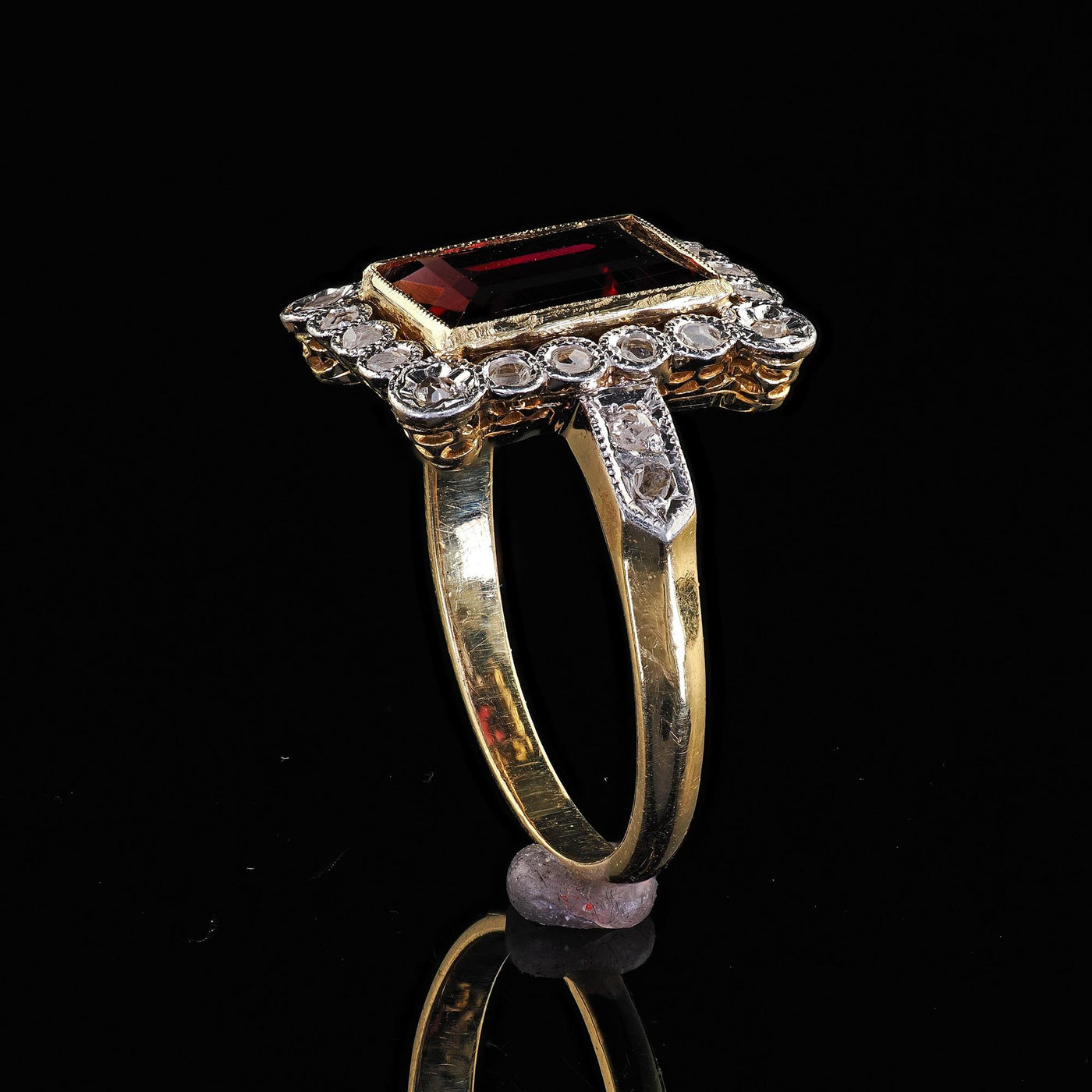 Antique French Edwardian 18K Yellow Gold Rose Cut Diamond Garnet Engagement Ring