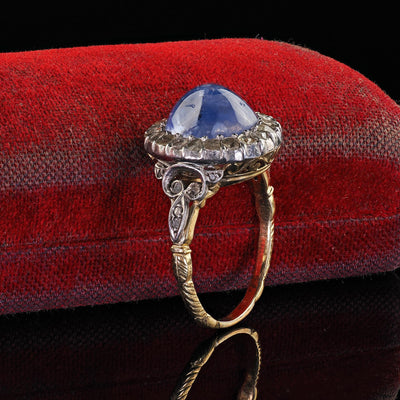 Antique Victorian 18K Gold Cabochon Sapphire Rose Cut Diamond Engagement Ring