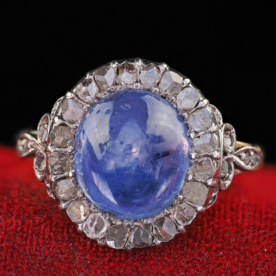 Antique Victorian 18K Gold Cabochon Sapphire Rose Cut Diamond Engagement Ring