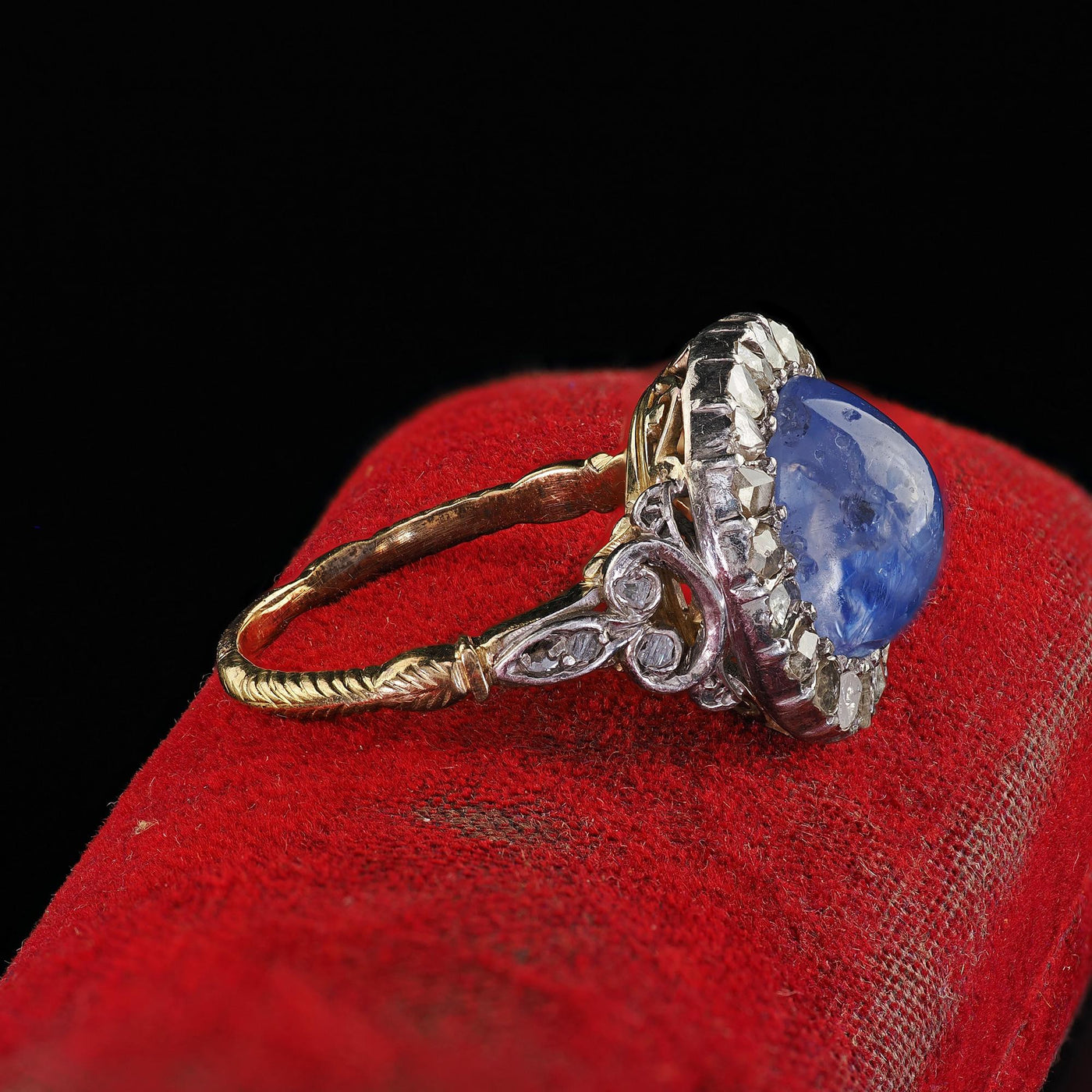Antique Victorian 18K Gold Cabochon Sapphire Rose Cut Diamond Engagement Ring
