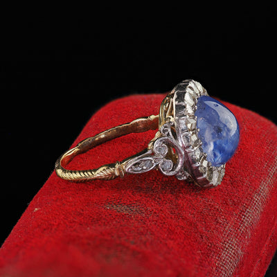 Antique Victorian 18K Gold Cabochon Sapphire Rose Cut Diamond Engagement Ring