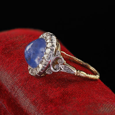 Antique Victorian 18K Gold Cabochon Sapphire Rose Cut Diamond Engagement Ring