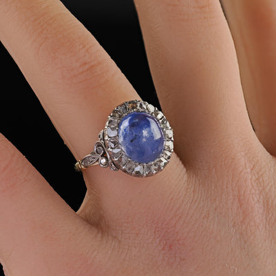 Antique Victorian 18K Gold Cabochon Sapphire Rose Cut Diamond Engagement Ring
