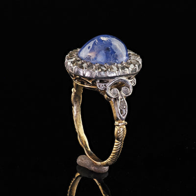 Antique Victorian 18K Gold Cabochon Sapphire Rose Cut Diamond Engagement Ring