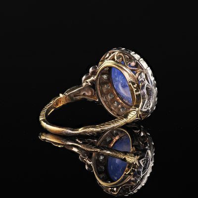 Antique Victorian 18K Gold Cabochon Sapphire Rose Cut Diamond Engagement Ring
