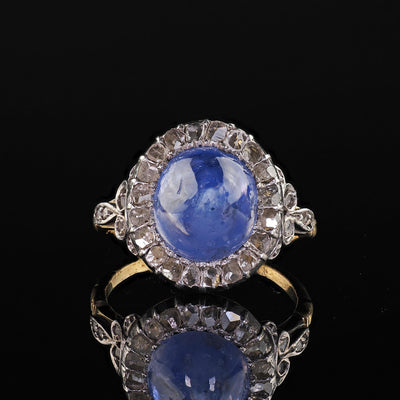 Antique Victorian 18K Gold Cabochon Sapphire Rose Cut Diamond Engagement Ring