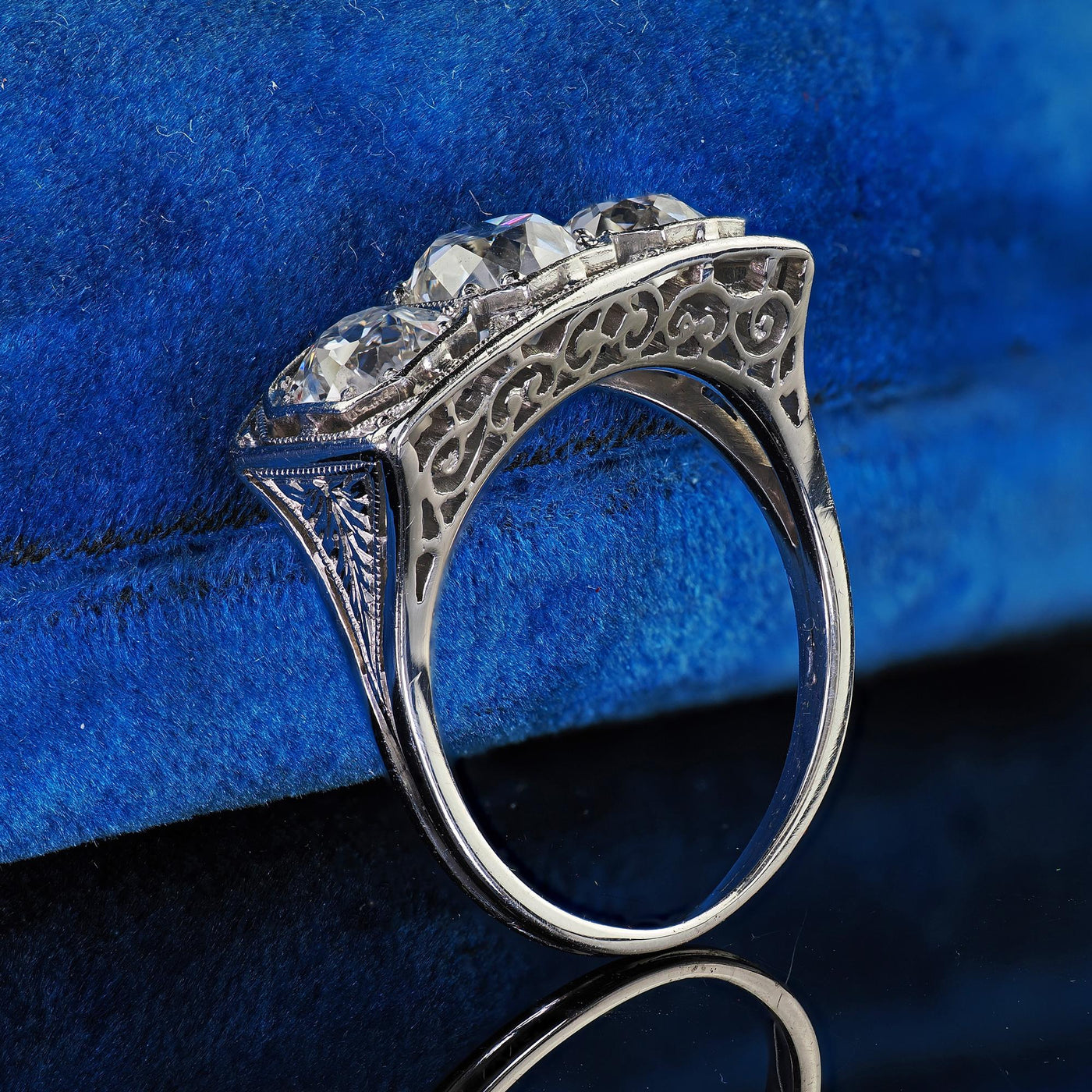 Antique Art Deco Jung & Klitz Platinum Old Mine Cut Diamond Three Stone Ring