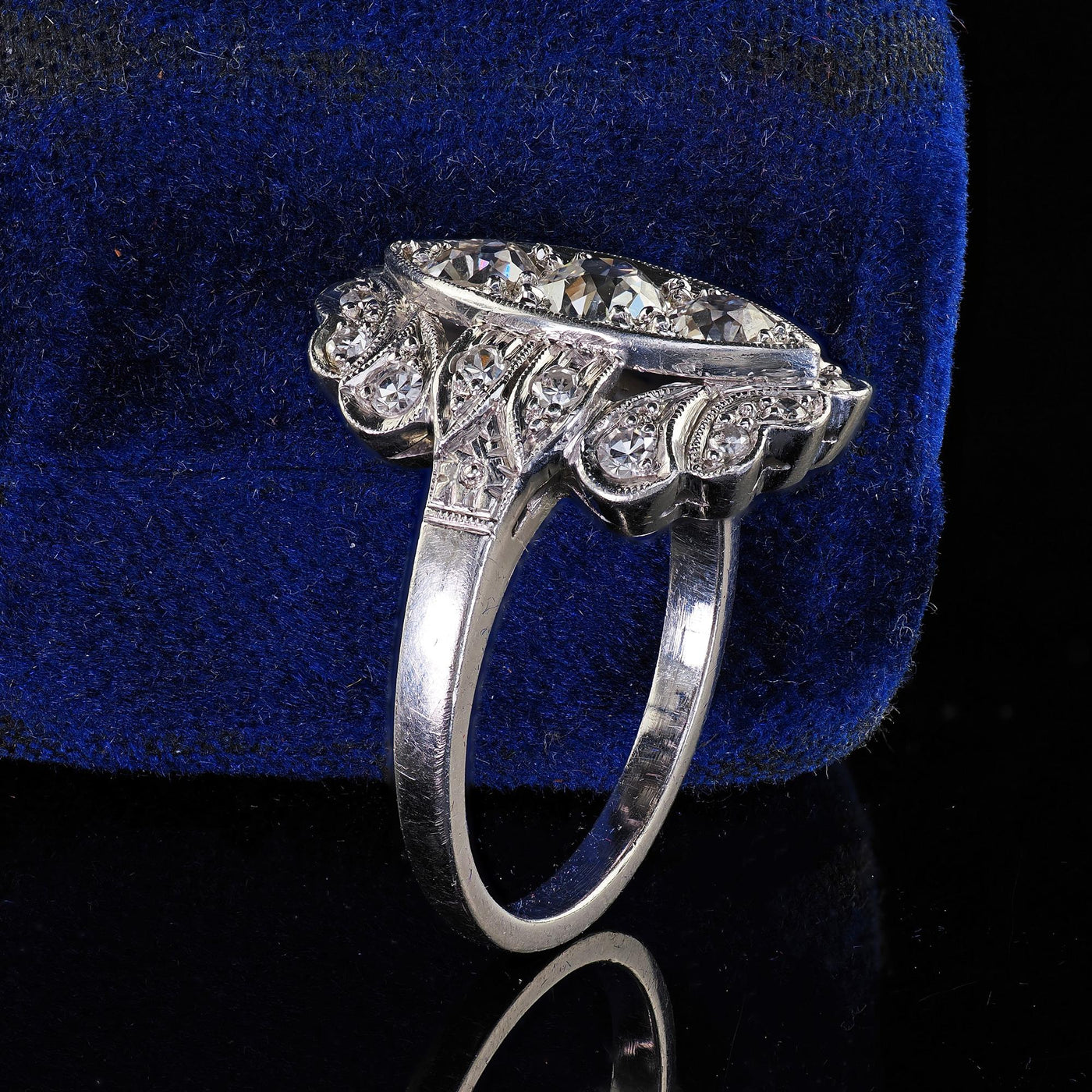 Antique Art Deco Platinum Old European Cut Diamond Filigree Shield Ring