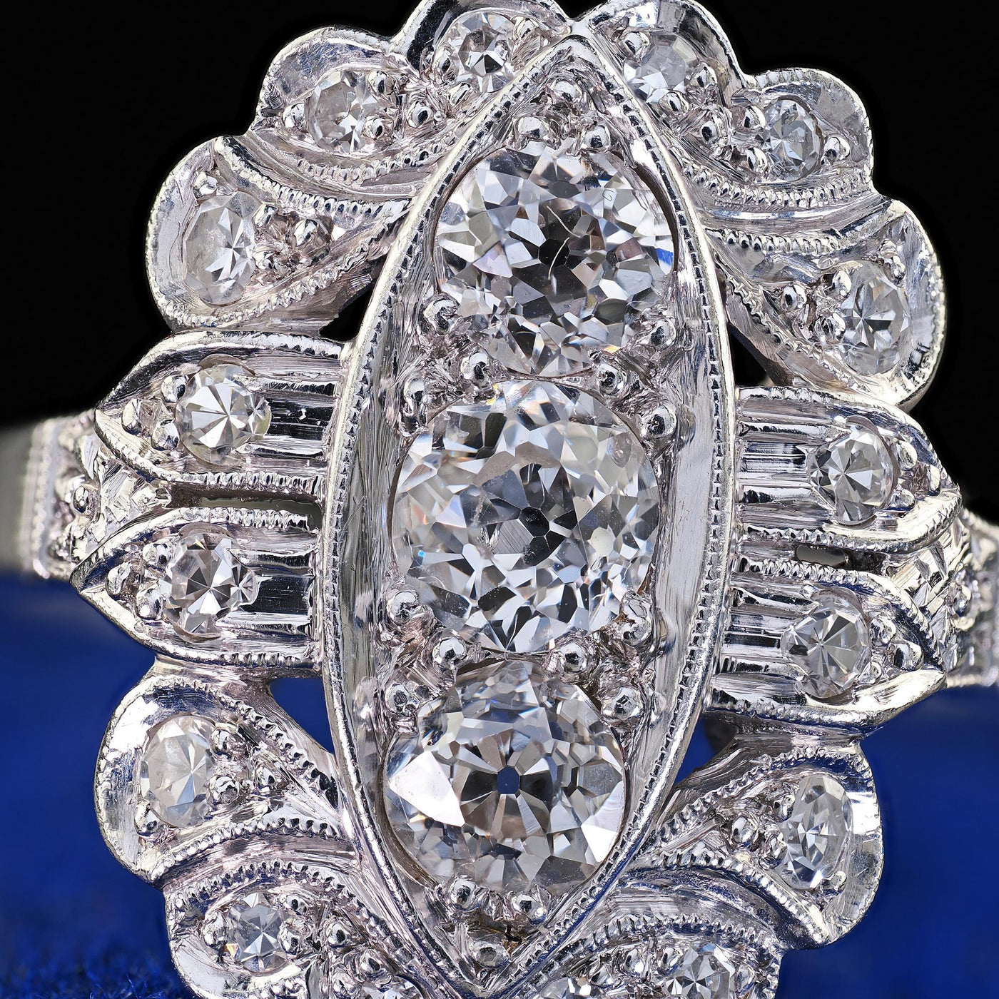 Antique Art Deco Platinum Old European Cut Diamond Filigree Shield Ring