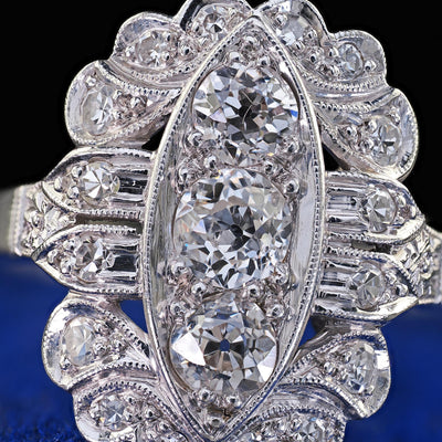 Antique Art Deco Platinum Old European Cut Diamond Filigree Shield Ring