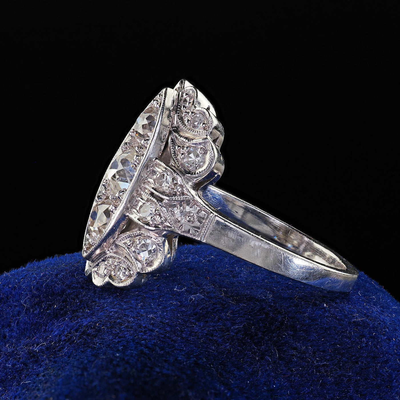 Antique Art Deco Platinum Old European Cut Diamond Filigree Shield Ring