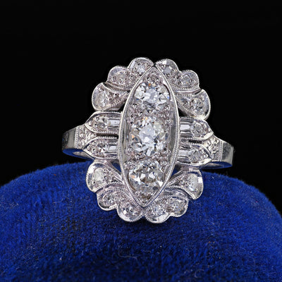 Antique Art Deco Platinum Old European Cut Diamond Filigree Shield Ring