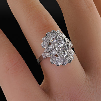 Antique Art Deco Platinum Old European Cut Diamond Filigree Shield Ring