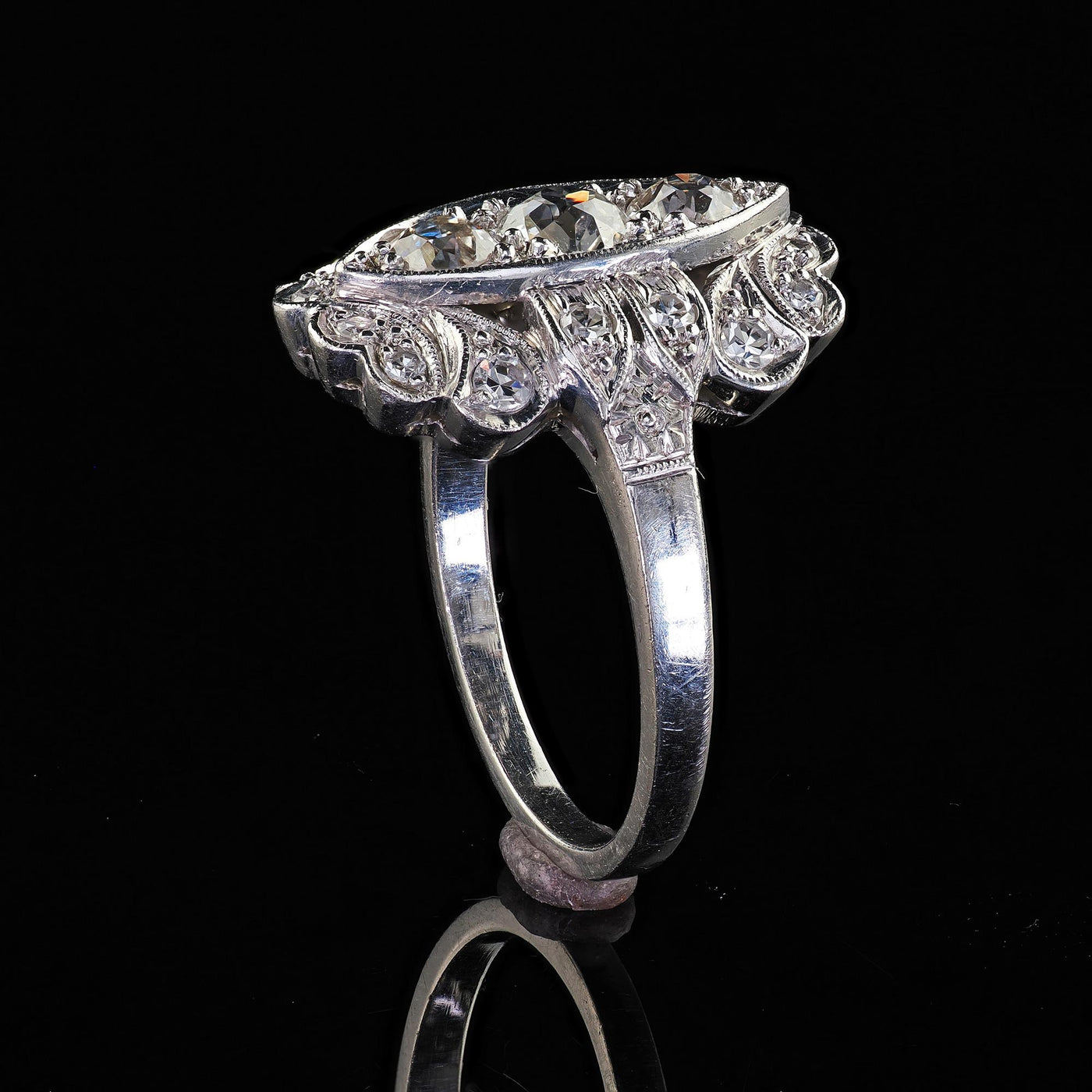 Antique Art Deco Platinum Old European Cut Diamond Filigree Shield Ring