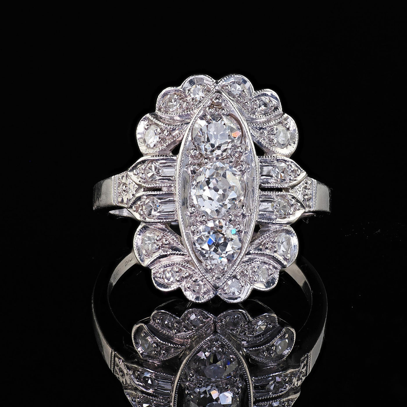 Antique Art Deco Platinum Old European Cut Diamond Filigree Shield Ring