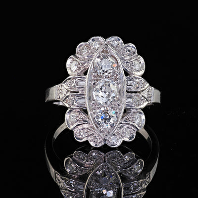 Antique Art Deco Platinum Old European Cut Diamond Filigree Shield Ring