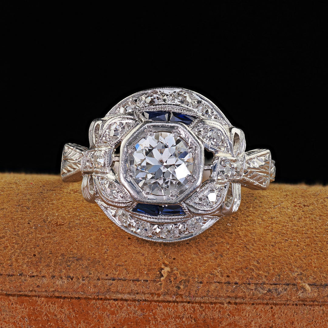 Antique Art Deco Platinum Old European Cut Diamond Sapphire