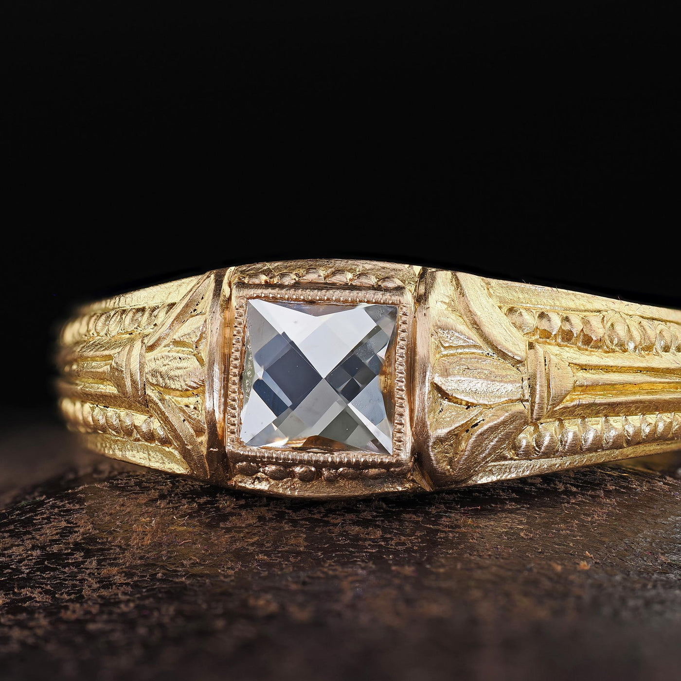 Victorian Revival French 18K Green Gold French Cut Diamond Engagement Ring
