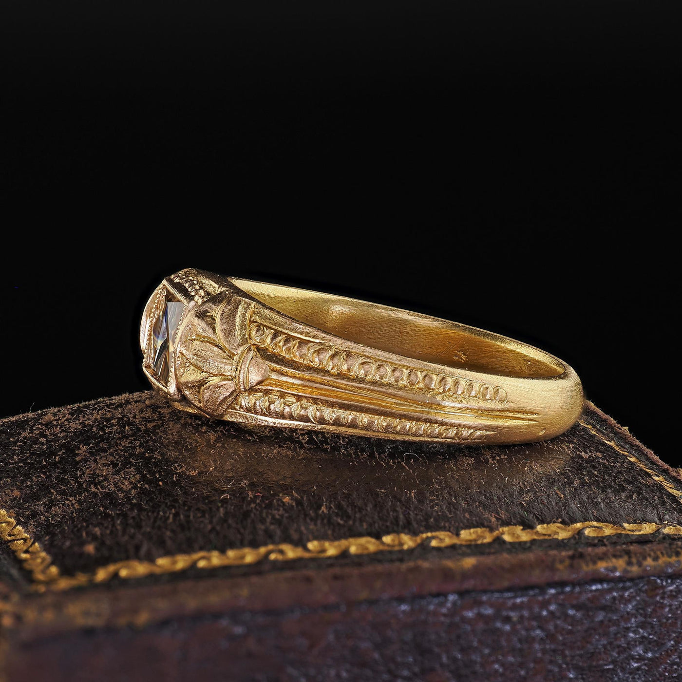 Victorian Revival French 18K Green Gold French Cut Diamond Engagement Ring