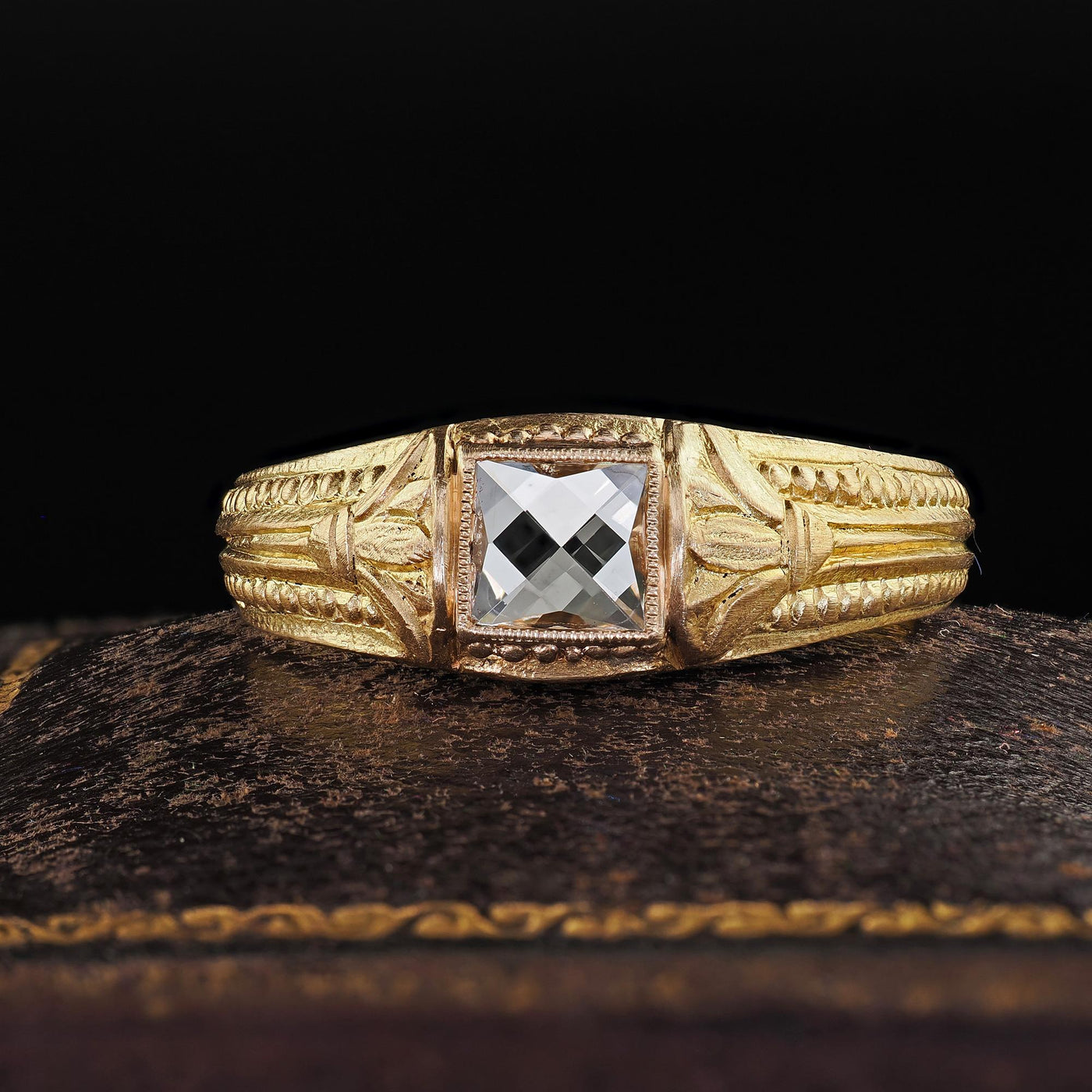 Victorian Revival French 18K Green Gold French Cut Diamond Engagement Ring