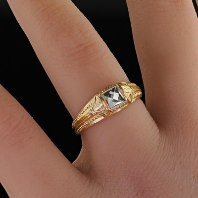 Victorian Revival French 18K Green Gold French Cut Diamond Engagement Ring