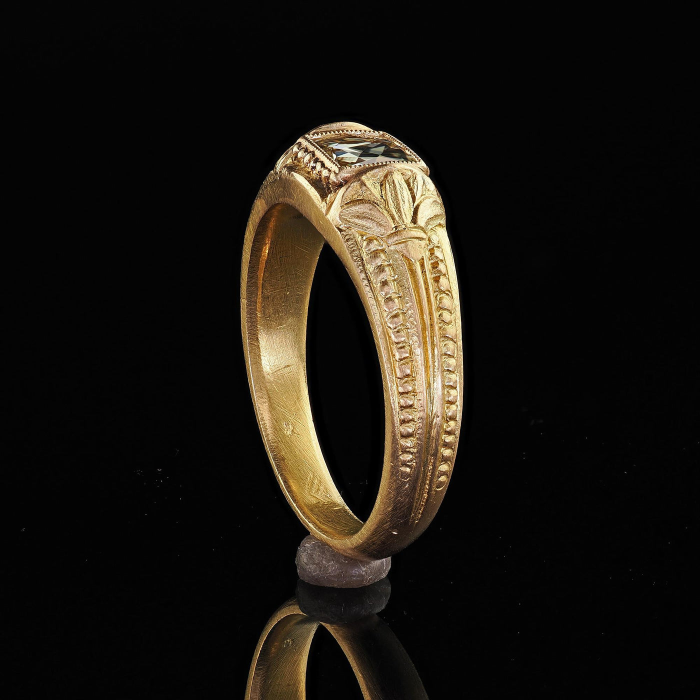 Victorian Revival French 18K Green Gold French Cut Diamond Engagement Ring
