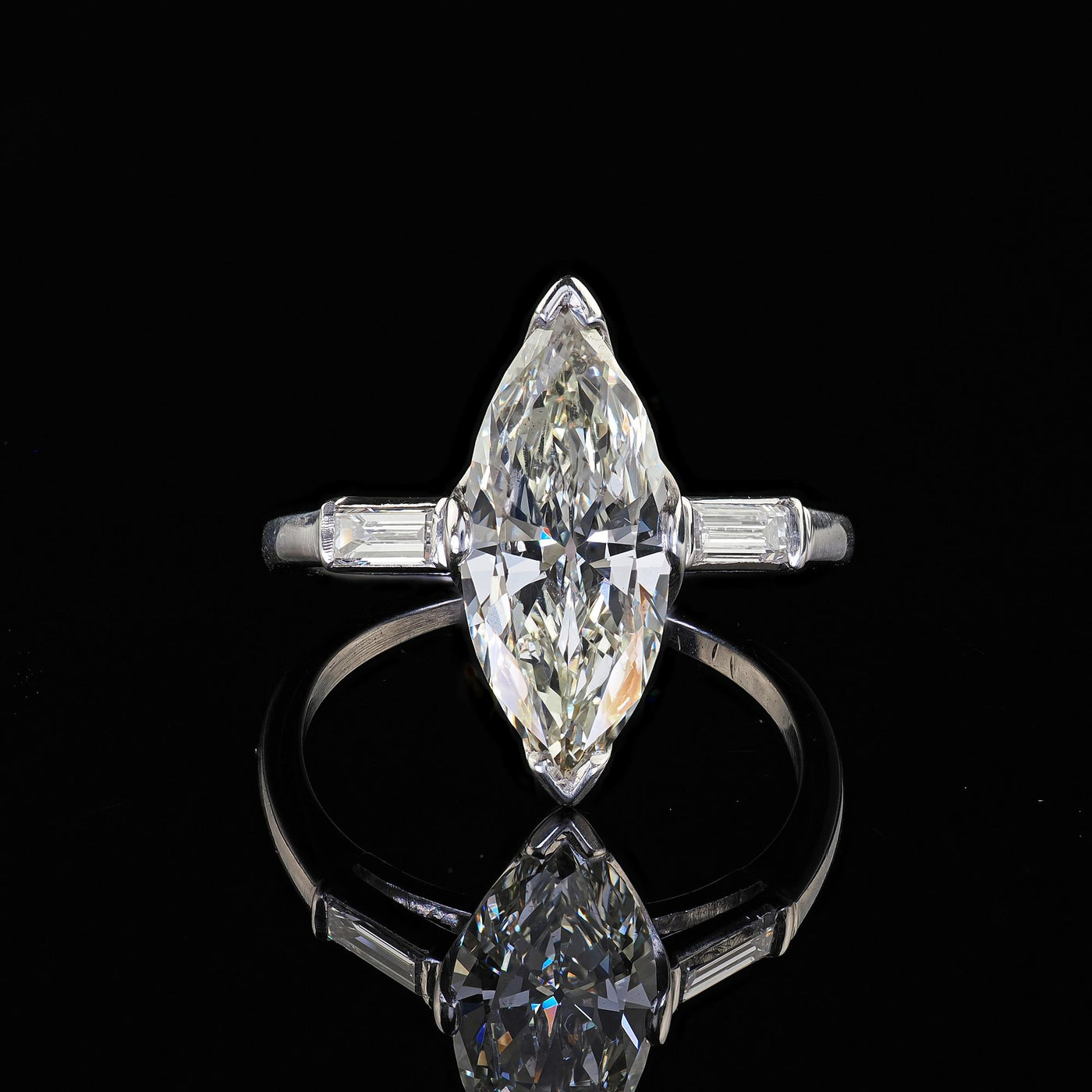 Retro Estate Platinum Old Cut Marquise Diamond Scalloped Engagement Ring - GIA