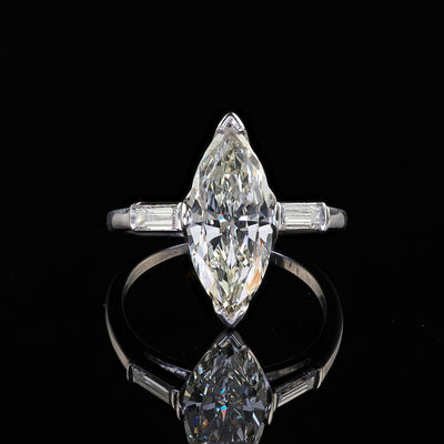 Retro Estate Platinum Old Cut Marquise Diamond Scalloped Engagement Ring - GIA