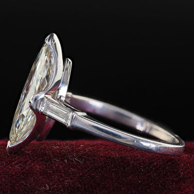 Retro Estate Platinum Old Cut Marquise Diamond Scalloped Engagement Ring - GIA