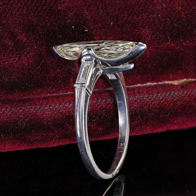 Retro Estate Platinum Old Cut Marquise Diamond Scalloped Engagement Ring - GIA
