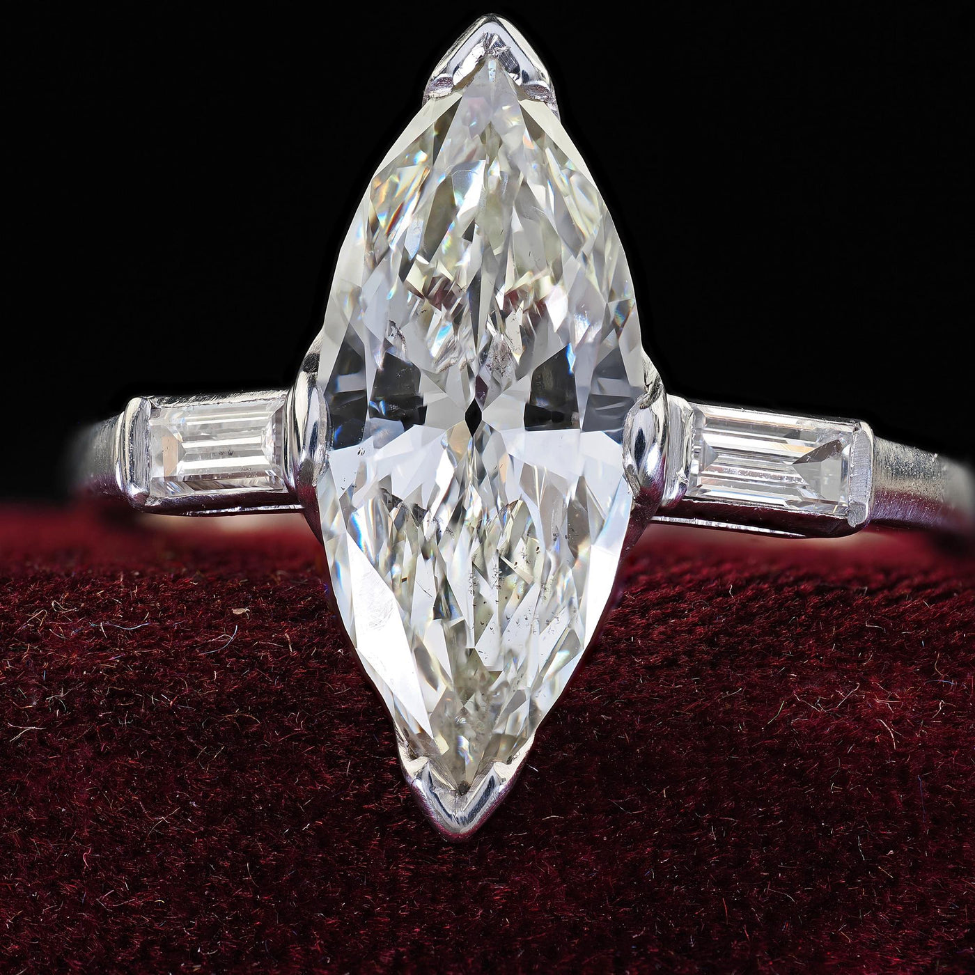 Retro Estate Platinum Old Cut Marquise Diamond Scalloped Engagement Ring - GIA