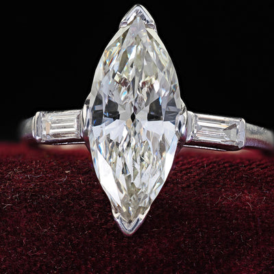 Retro Estate Platinum Old Cut Marquise Diamond Scalloped Engagement Ring - GIA
