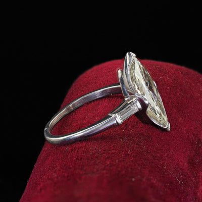 Retro Estate Platinum Old Cut Marquise Diamond Scalloped Engagement Ring - GIA