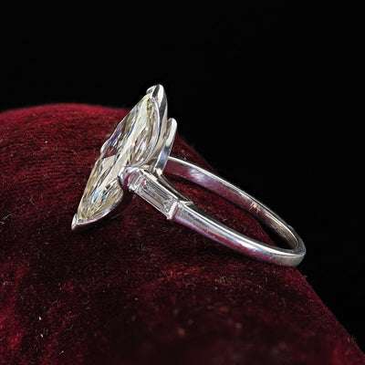 Retro Estate Platinum Old Cut Marquise Diamond Scalloped Engagement Ring - GIA