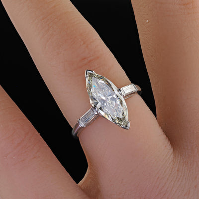 Retro Estate Platinum Old Cut Marquise Diamond Scalloped Engagement Ring - GIA
