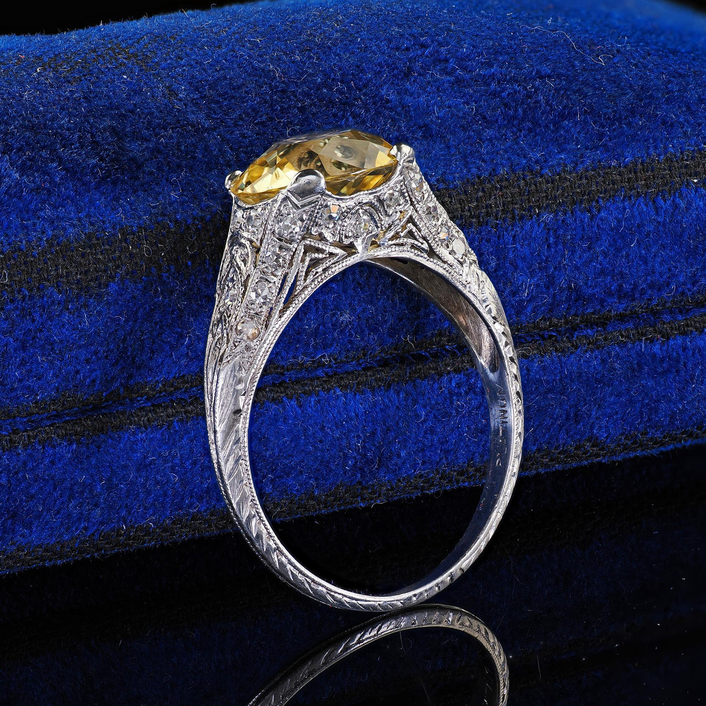 Antique Edwardian Platinum Natural Yellow Sapphire Diamond Engagement Ring - GIA