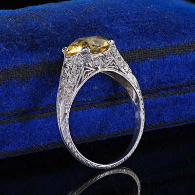 Antique Edwardian Platinum Natural Yellow Sapphire Diamond Engagement Ring - GIA