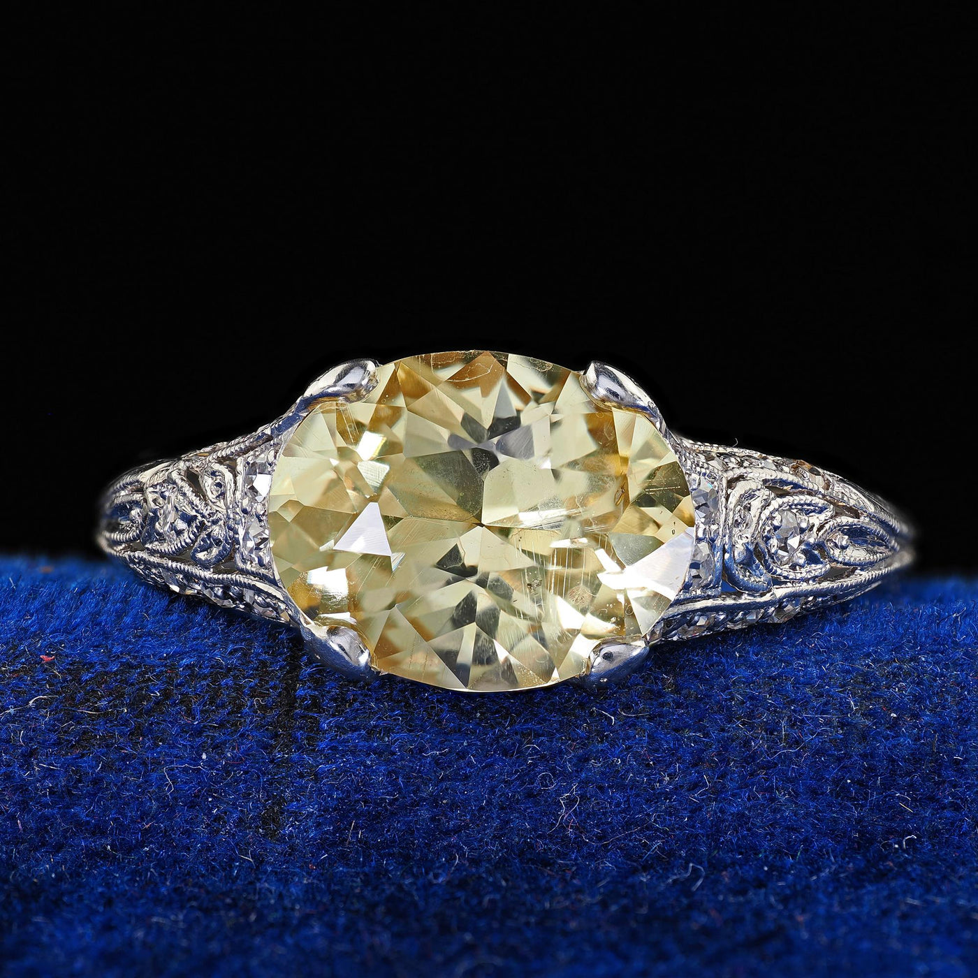 Antique Edwardian Platinum Natural Yellow Sapphire Diamond Engagement Ring - GIA