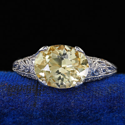 Antique Edwardian Platinum Natural Yellow Sapphire Diamond Engagement Ring - GIA