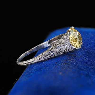 Antique Edwardian Platinum Natural Yellow Sapphire Diamond Engagement Ring - GIA