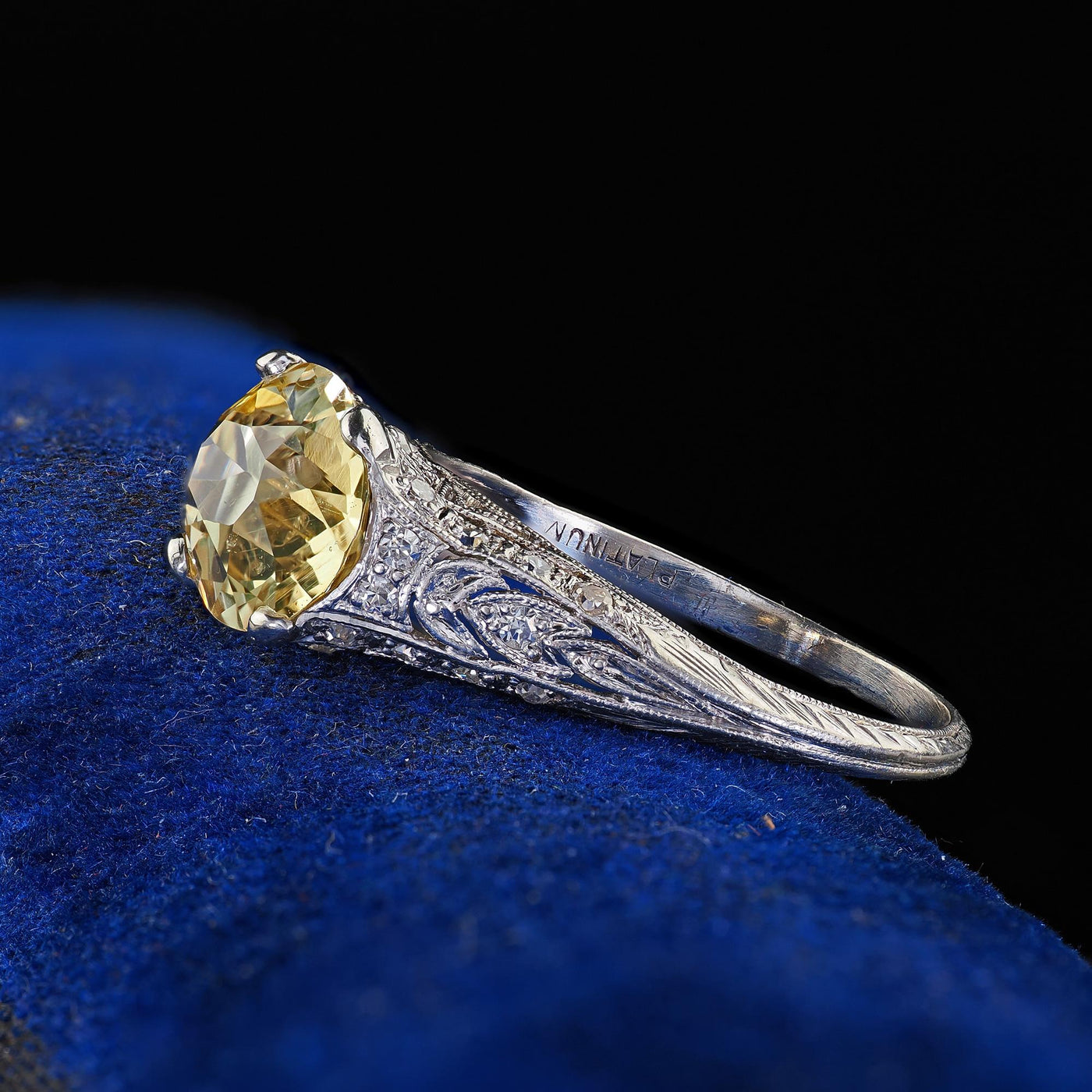 Antique Edwardian Platinum Natural Yellow Sapphire Diamond Engagement Ring - GIA