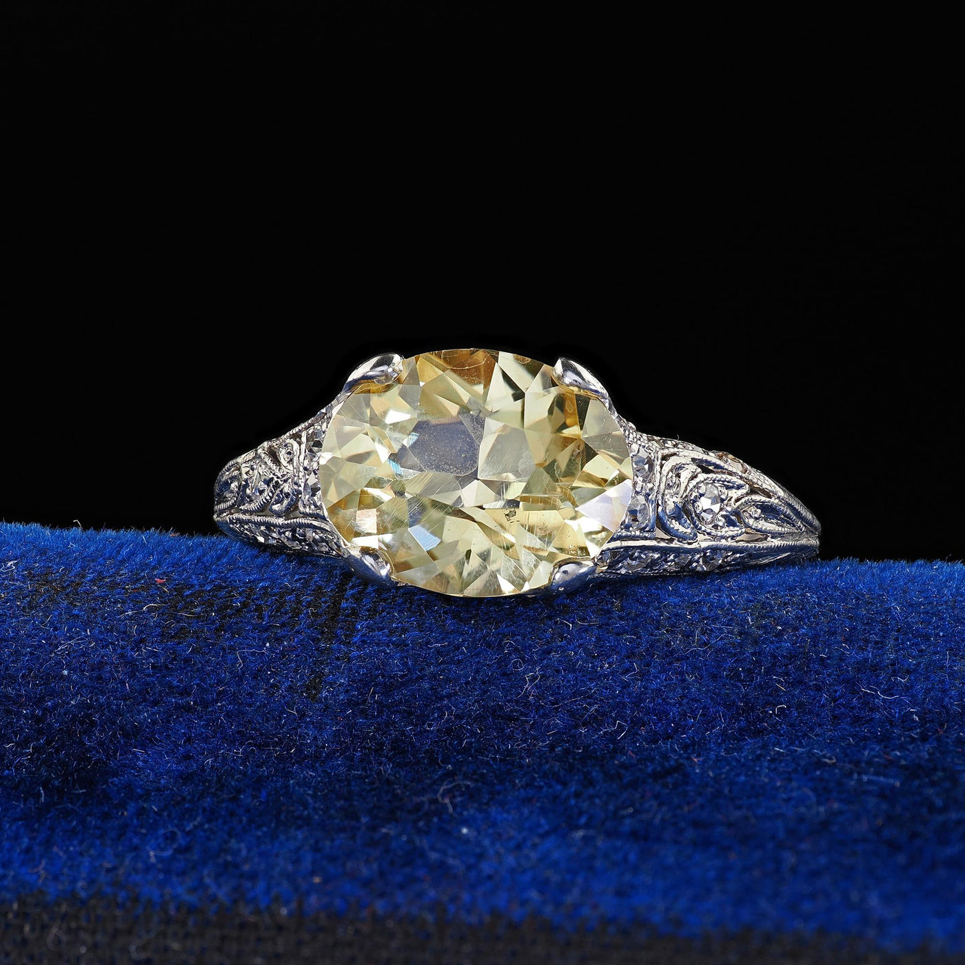 Antique Edwardian Platinum Natural Yellow Sapphire Diamond Engagement Ring - GIA