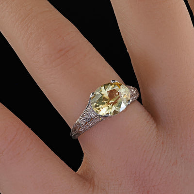 Antique Edwardian Platinum Natural Yellow Sapphire Diamond Engagement Ring - GIA