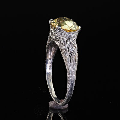 Antique Edwardian Platinum Natural Yellow Sapphire Diamond Engagement Ring - GIA