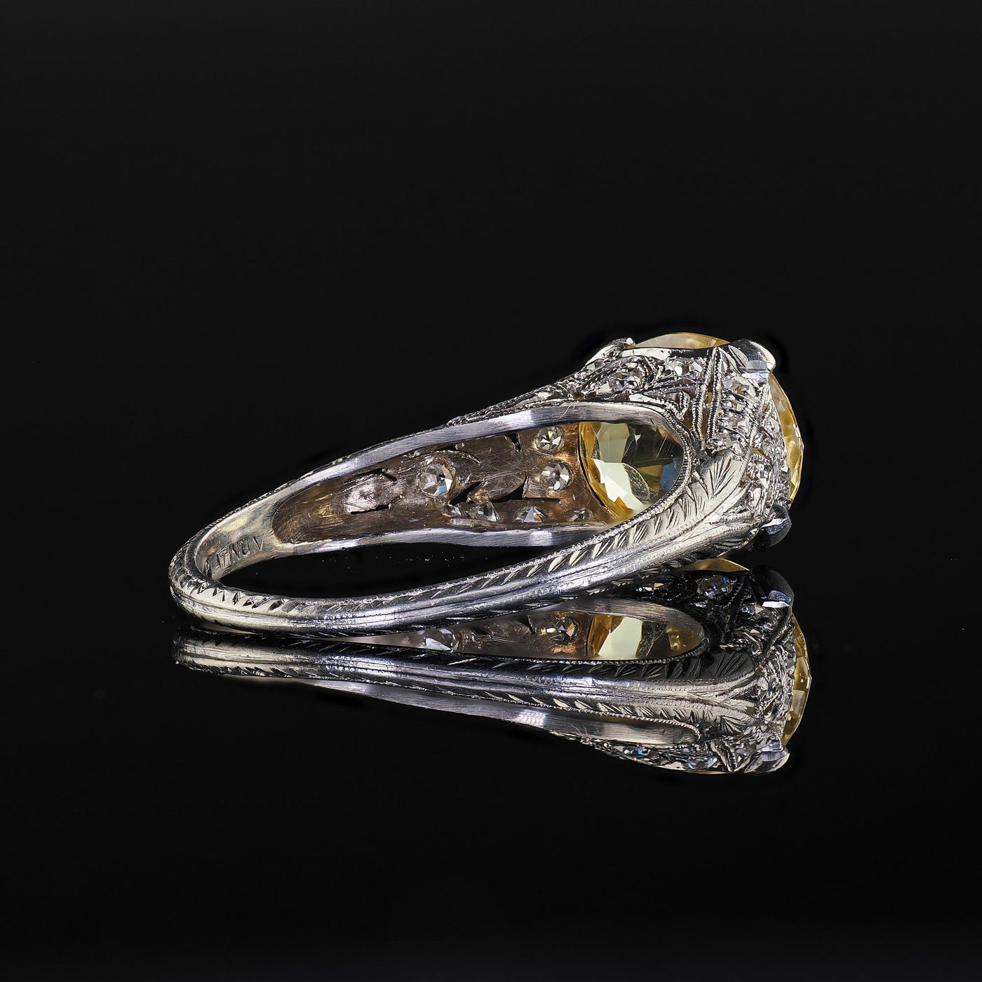 Antique Edwardian Platinum Natural Yellow Sapphire Diamond Engagement Ring - GIA
