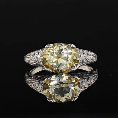 Antique Edwardian Platinum Natural Yellow Sapphire Diamond Engagement Ring - GIA